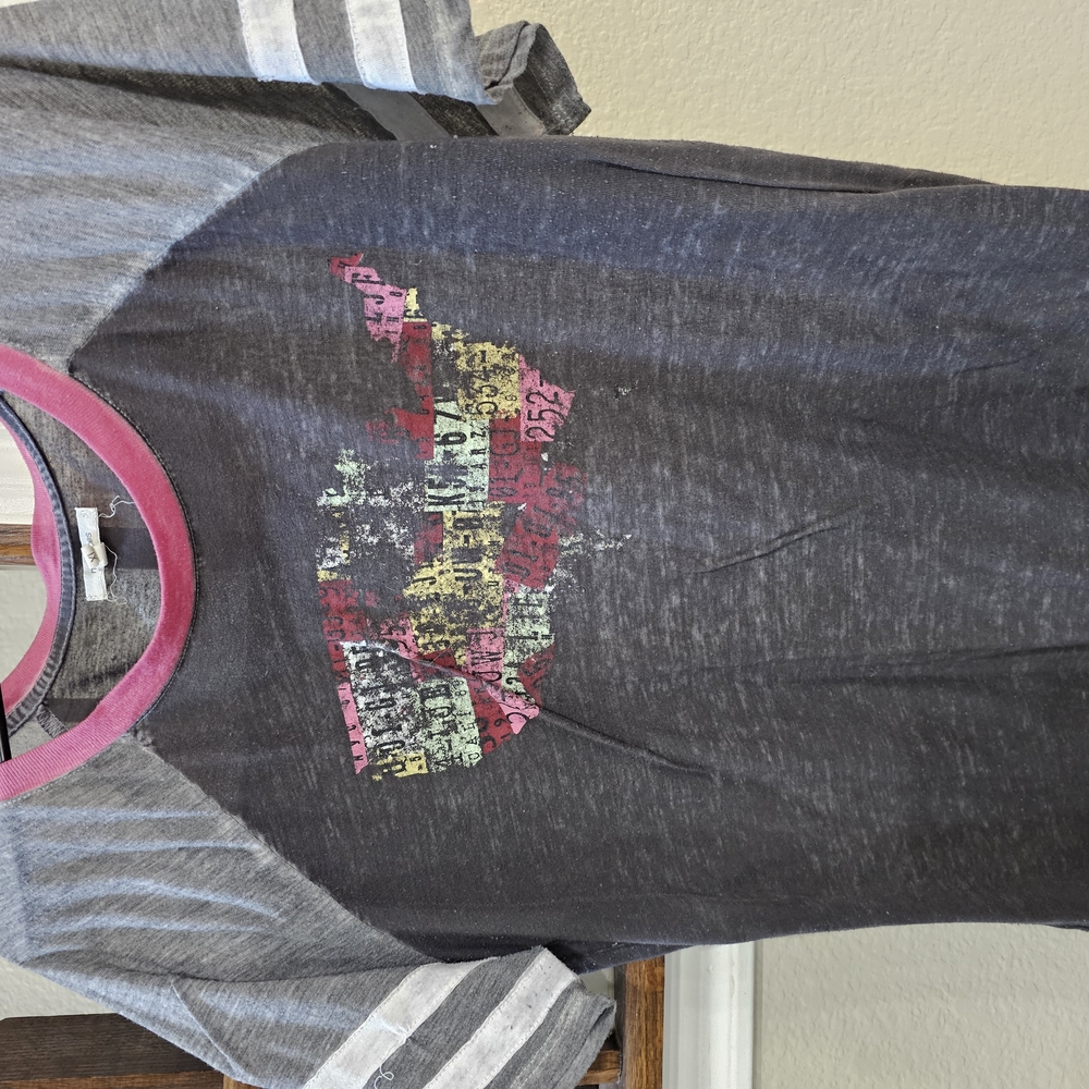 Graphic Tee with Striped Sleeves